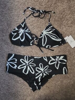 Volcom Black and White Floral Triangle Bikini Set